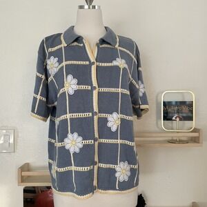 Christopher & Banks Sweater Large Hand Embroidered Daisies Cottage Grandpa Core